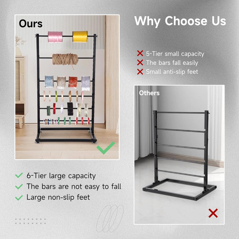 6-Tier Ribbon Holder, Large Capacity Ribbon Storage Rack, Height Adjustable Metal Spool Organizer