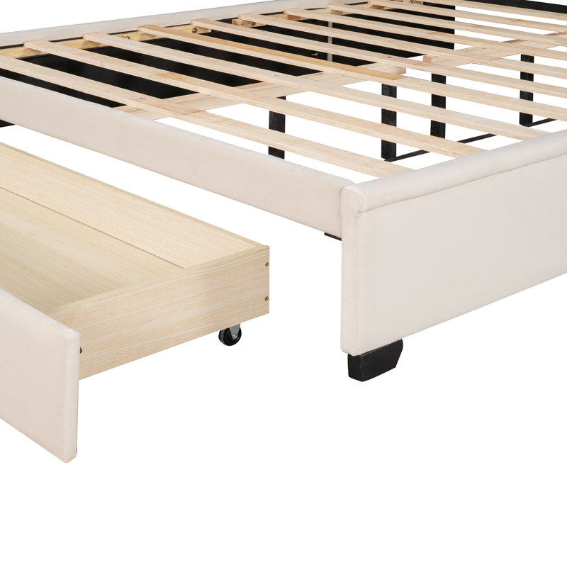 Size Storage Bed Velvet Upholstered Platform Bed With Wingback Headboard And A Big Drawer, Beige