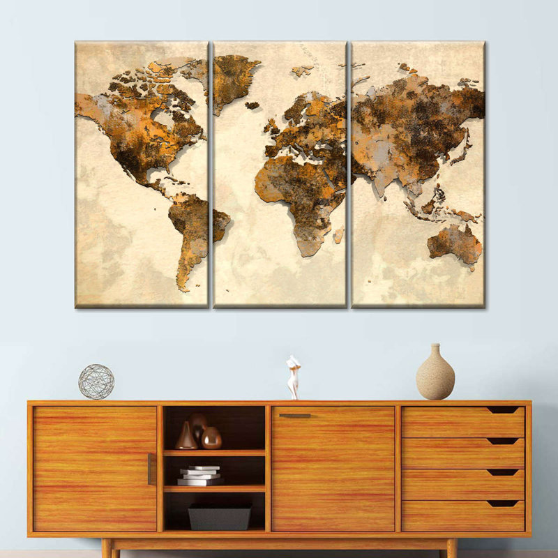 Ensemble de carte du monde rustique sur toile 3 pièces, H 36 po x l 57 po x P 1,25 po