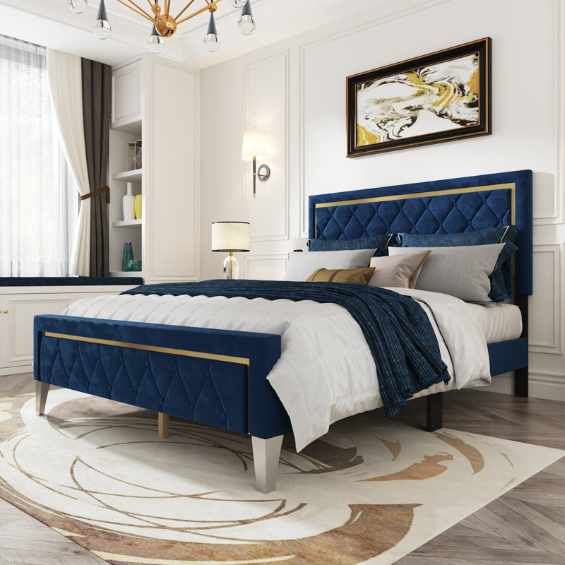 Modern Upholstered Platform Bed,10 Slats + 5 Center Support Legs, Queen Size,No Box Spring Required, Easy Assembly