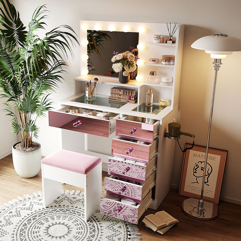  Ensemble de coiffeuse avec miroir lumineux Hollywood, 5 tiroirs miroirs roses, tablettes de rangement et tabouret, rose, blanc