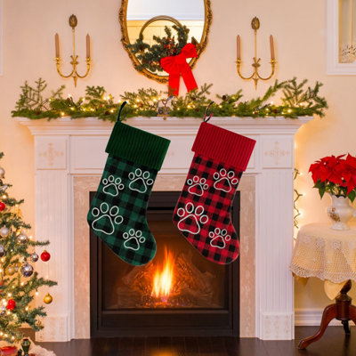 Ensemble de 2 bas de Noël en polyester, chaussettes de Noël à motif de patte de chien, sac cadeau de Noël grande capacité, sac de bonbons Navidad, rouge et vert