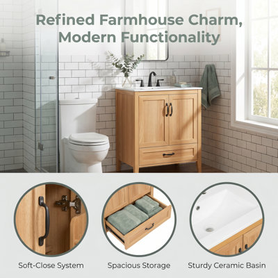 Meuble-lavabo de 30 po en grain de bois naturel avec comptoir en céramique, pieds en bois massif, portes doubles et tiroir inférieur à fermeture en douceur, tablette intérieure réglable, organisateurs de porte pour les petites et les salles de bain d'invités
