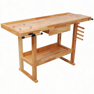 55" Wood Workbench, Heavy Duty Woodworking Bench with Adjustable Handle, 300Lbs Load Capacity Woodworking Table Work Bench with Storage for Garage, Workshop, Home Storage