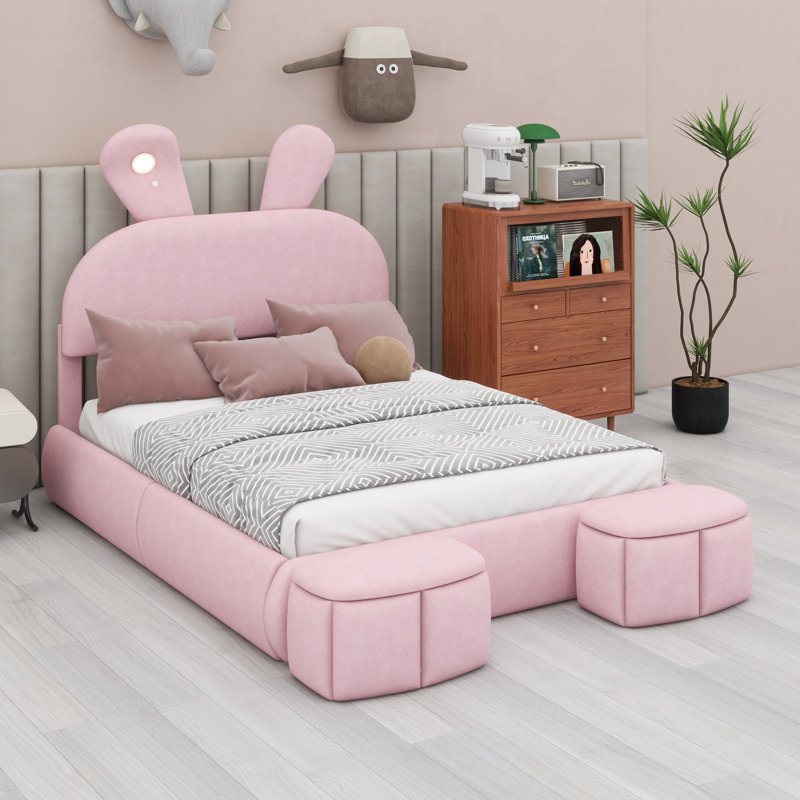 Lit créatif pour enfants avec tête de lit à oreilles et lumière décorative à DEL