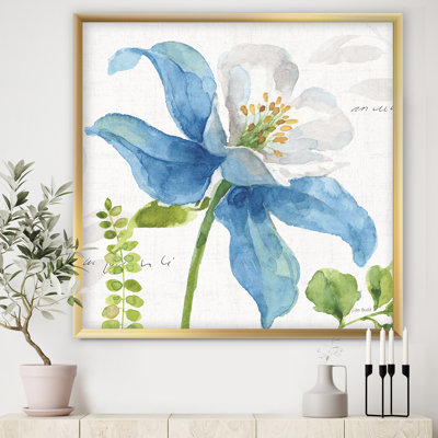 «Blue Columbine Wild Flower with Ferns», reproduction sur toile encadrée