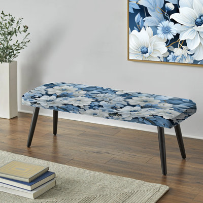 Blue And White Blooming Floral Pattern III - Floral Upholstered Black Bench