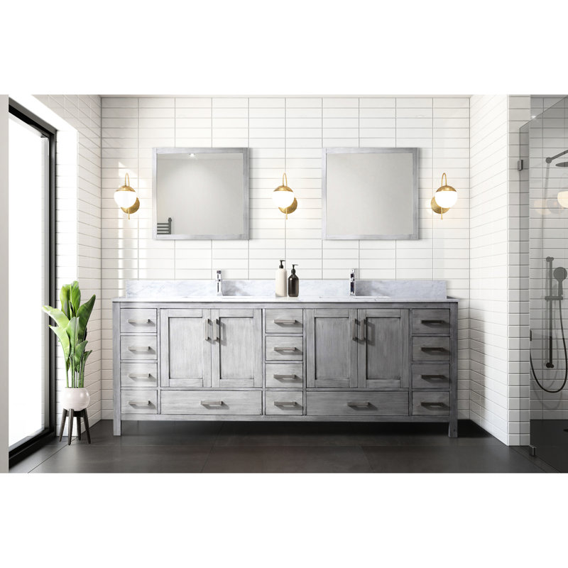 Gris 84 po Meuble-lavabo X 22 avec comptoir en marbre et 34 miroirs - fermeture en douceur, surface à gratter, teinture, deux armoires, quatorze tiroirs, comptoir double l 22 po x P 84 po, miroirs 34 po, tiroirs fermés, grattoir et teinture