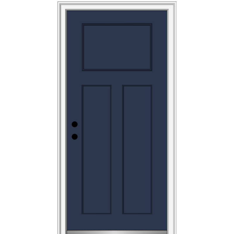 Porte d'entrée pré-suspendue en fibre de verre 3 panneaux Craftsman Shaker, H 80 po x l 36 po x P 1,75 po, Main droite, Naval