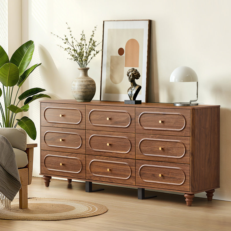  Vintage Minimalist Style 9 Drawer Dresser , Brown