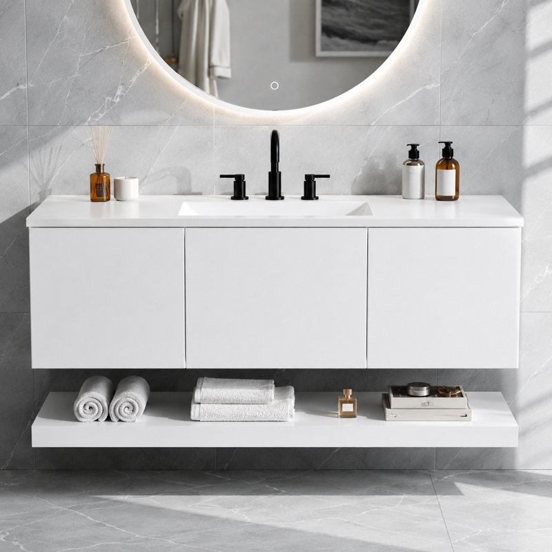 Meuble-lavabo double mural de 122 cm (48 po) avec comptoir en composite, 3 tiroirs et tablette inférieure ouverte, meuble-lavabo suspendu sans poignées en MDF, blanc