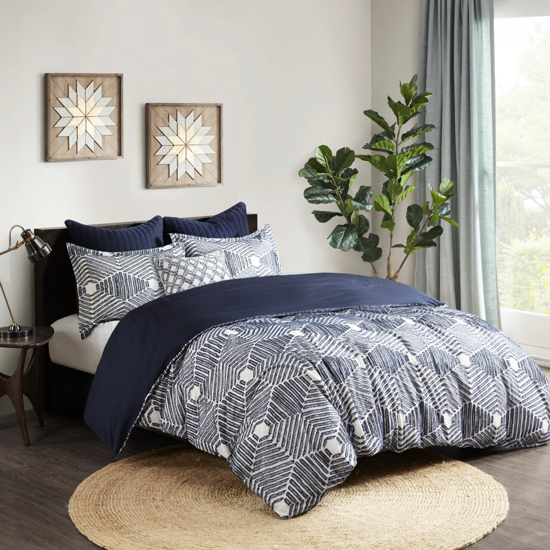 Housse de couette en coton à motif géométrique, grand, bleu marine et blanc, motif de literie grand doux et chaud, tissu lavable à la machine