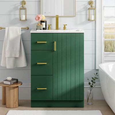 24" Free-Standing Bathroom Vanity Set With Ceramic Sink & Storage Cabinet, 2 Drawers & Shelf & 1 Soft Closing Door