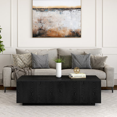 Reyes 48" Fluted Coffee Table with Low Profile Solid Base in Black Grain | Mid-Century Modern Center Table for Living Room