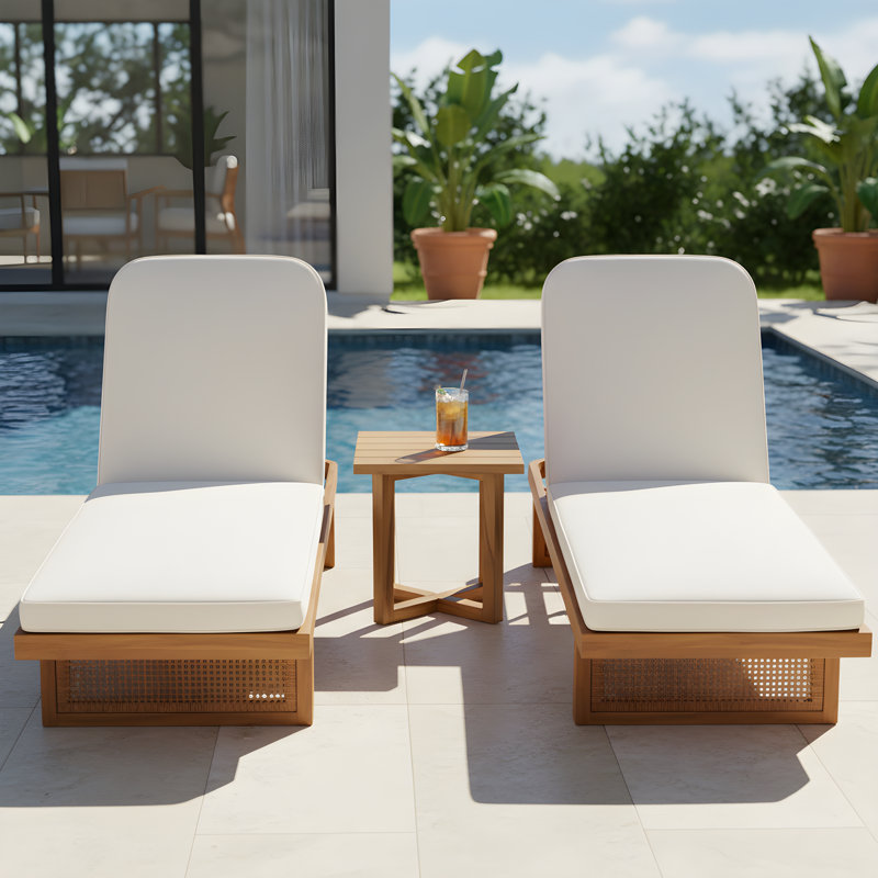Joshua Patio 3-Piece Acacia Wood Chaise Lounge With Pe Rattan & Cross-Stretcher Side Table Set