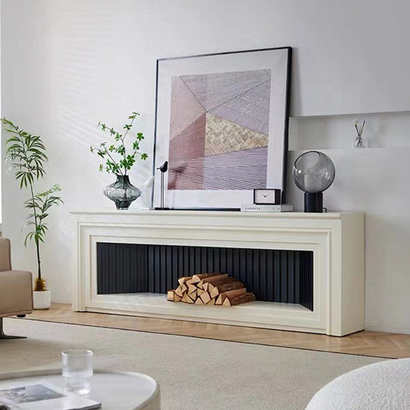 Beige Manufactured Wood TV Cabinet Fireplace, 27.56" H x 94.49" W x 11.81" D
