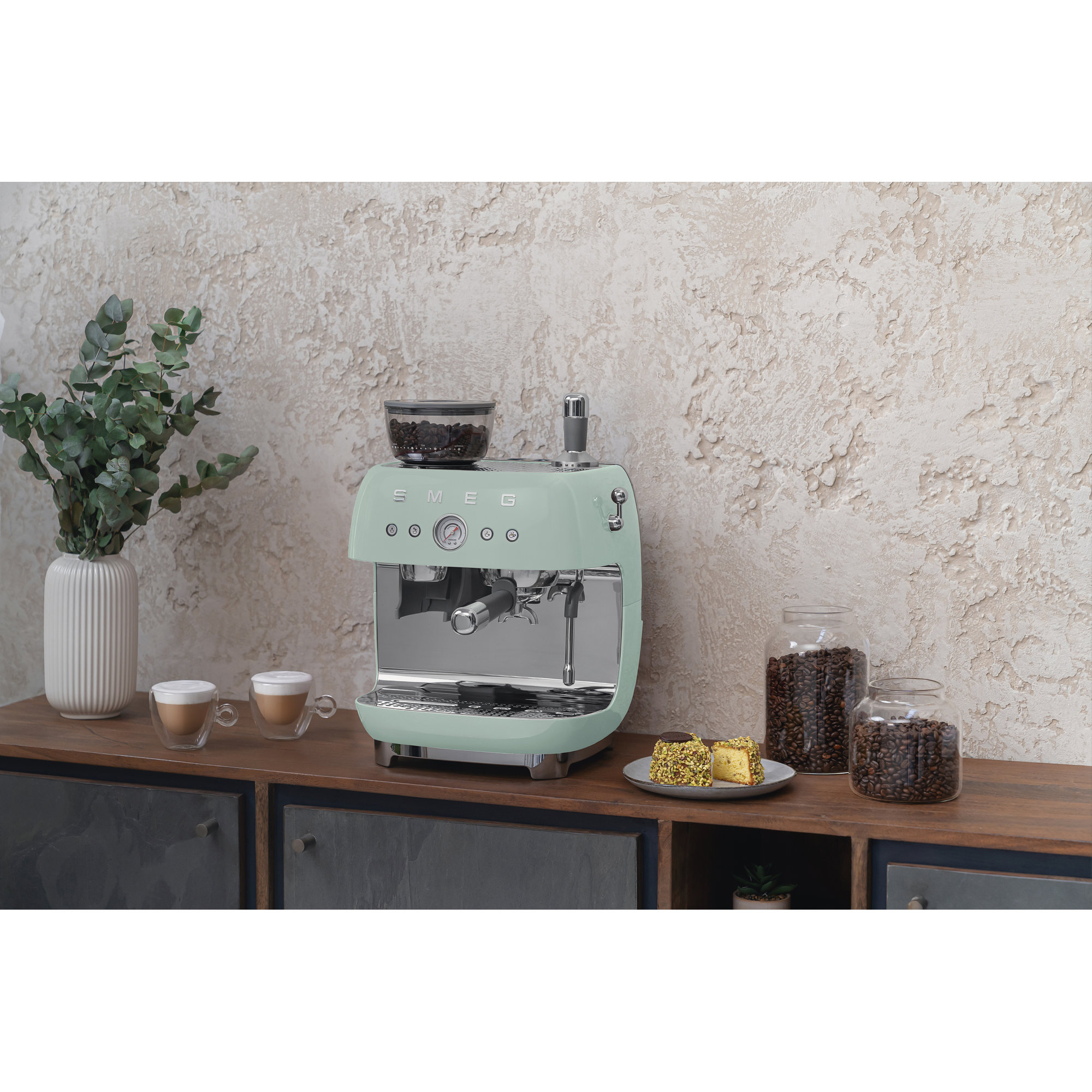 SMEG 50's Retro Style Semi-Automatic Espresso Coffee Machine with Grinder, Pastel Green