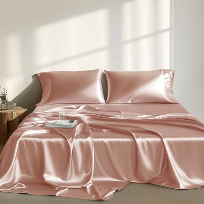 4 draps de luxe en satin simple rosé - froissé, doux pour la peau, frisottis apprivoisés, 1 drap plat, taies d'oreiller ajustées lisses et soyeuses, réduit les bris,