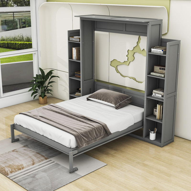 Lit escamotable en bois avec tablettes et lumières DEL Rashem, Grand, gris