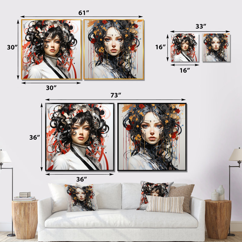«Digital Dreams Cybernetic Woman Portrait IV», ensemble de 2 reproductions d'art mural, Cadre noir
