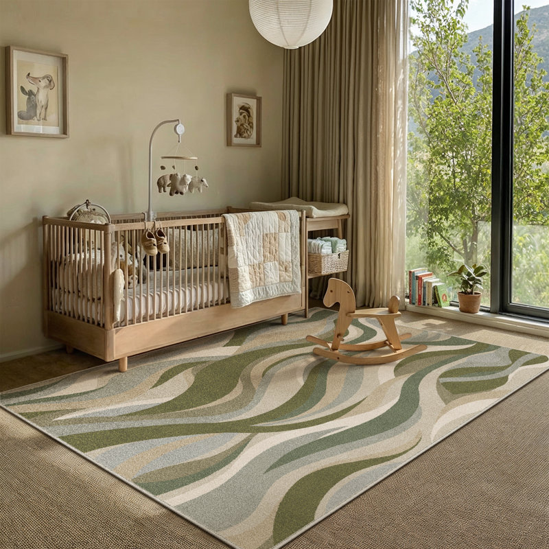 Astrum Machine Washable Abstract Art Area Rug, Rectangle 6' x 9', Green