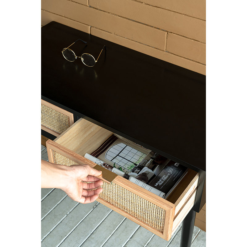 Rattan 2-Drawer Console Table - Black/Rattan