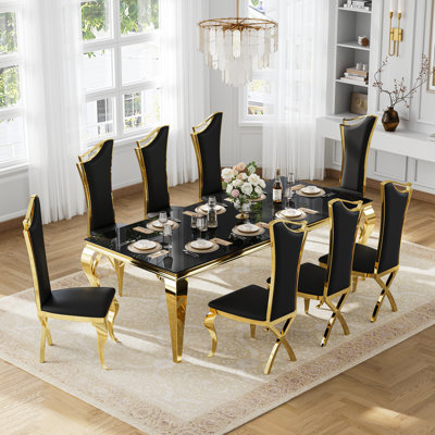 94" Dining Set Of 9, Black Tempered Glass Table With Mirror Polished Stainless Steel S-Shaped Legs, 8 Faux Leather Chairs With High Backrest And X-Shaped Rear Legs