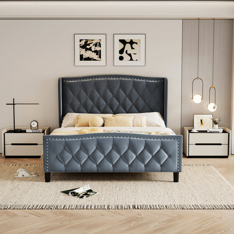 Mirabai Upholstered Metal Wingback Bed, Queen, Light Blue