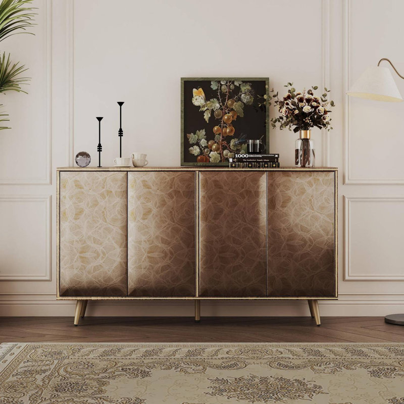 4 Door Sideboard Buffet Cabinet with Raised Shaped and Geometric Line Texture Door Panel, Brown