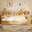 Lit de jour en bois avec tablettes de rangement, lit multifonctionnel avec deux tiroirs de rangement et bureau d'étude-782400879-782400878