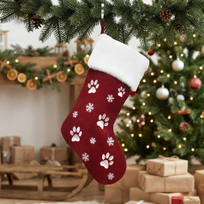 Pet Christmas Stocking with Plush Fleece Cuff, Embroidered Paw Print & Snowflake Hanging Stocking for Dog Cat, Fireplace Mantel Holiday Decor, Red & Green