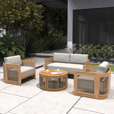 Ensemble de canapé d'extérieur en bois d'acacia 3 pièces avec table basse ronde - Structure en bois massif avec coussins