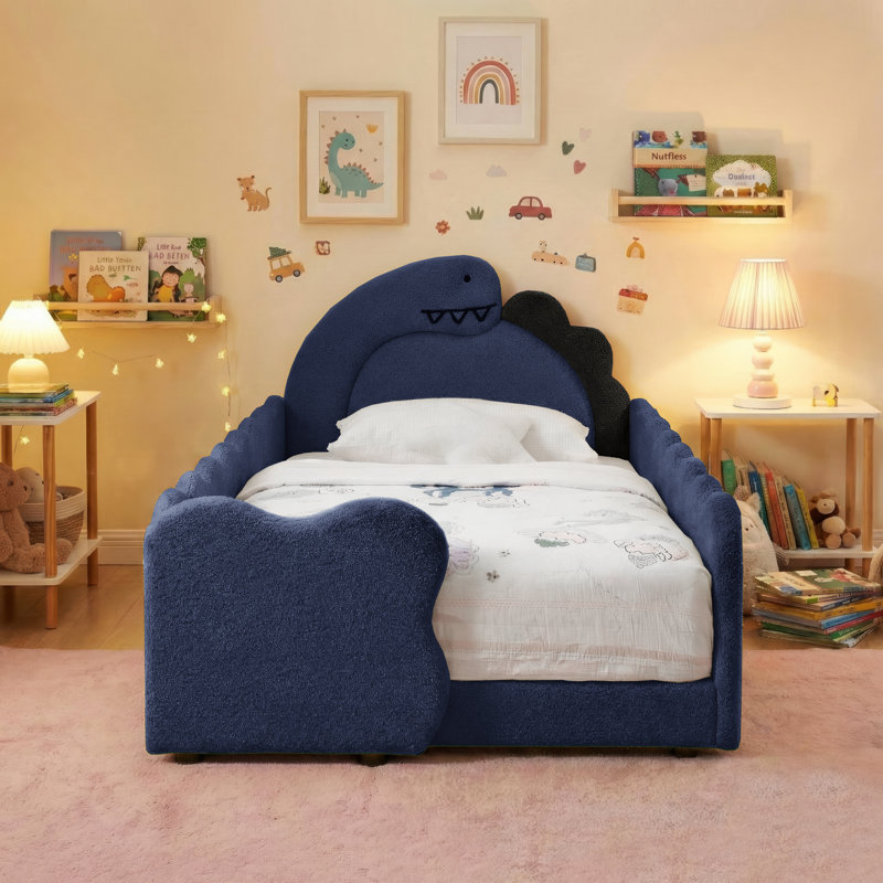 Boucle Upholstered Dinosaur-Shaped Kids Bed With Safety Guardrails And Solid Wood Slat Support, Navy Blue