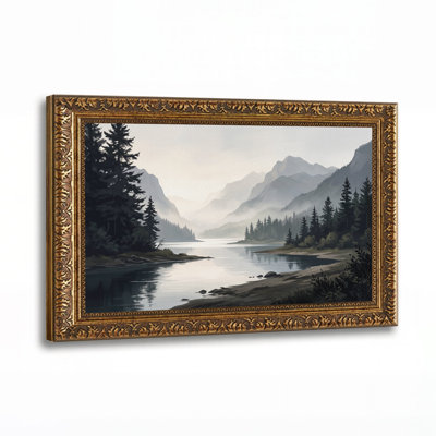 «Misty Mountain Lake with Pine Trees», art mural sur toile