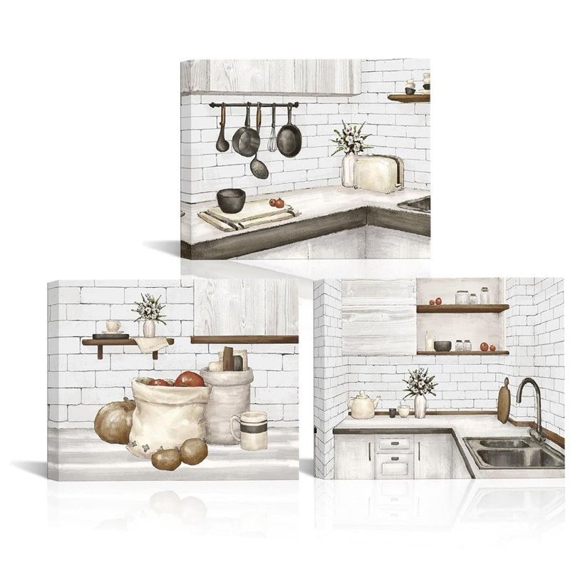 Rustic Kitchen Still Life 3 Pack 16"W × 12"L Canvas Art Wall Decor