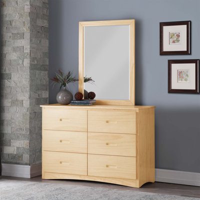 Commode de rangement transitionnelle avec 6 tiroirs et miroir, mobilier de chambre en bois au fini pin compact