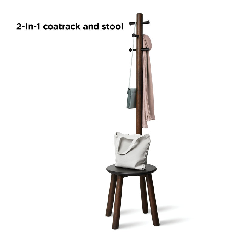 Black and Walnut Multifunctional Coat Rack with Integrated Stool