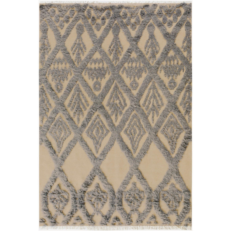 Tapis ivoire / bleu en laine noué à la main Nico, Rectangle 5 pi x 7 pi