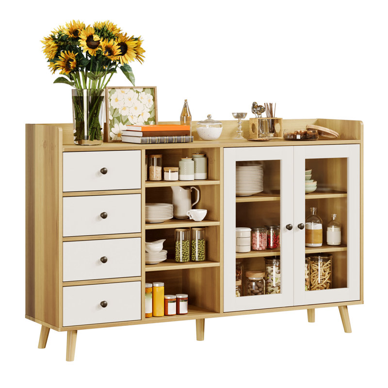 55-Inch Sideboard Buffet Cabinet with Adjustable Shelves, Drawers, and Glass Doors, Beige/White