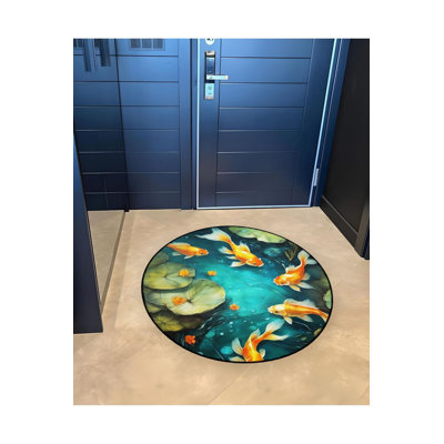 Abstract Themed Lake and Fish Patterned Round Woven Base Modern Decorative Rug