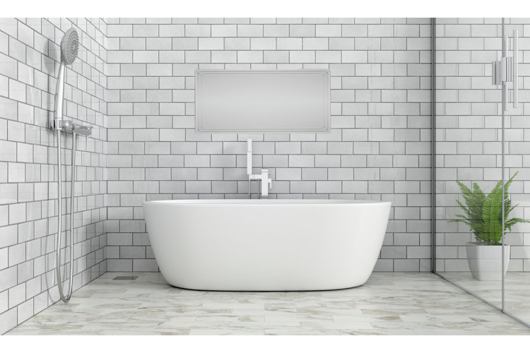 white freestanding bath in a Roman shower in a large white tiled bathroom 