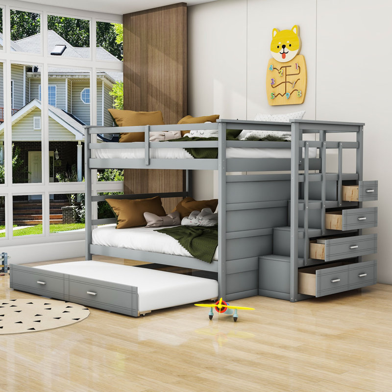 Jamere Kids Full Over Full Wood Bunk Bed with Twin Size Trundle and Drawers, Gray