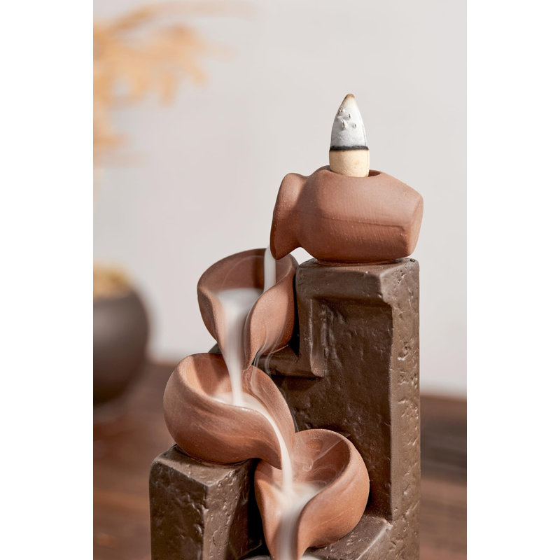 Unique Cascading Basins Ceramic Waterfall Incense Holder, Paired With A Pack Of Backflow Incense Cones. (Primary)