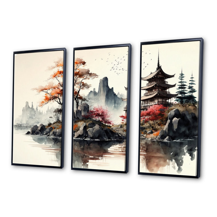 Union Rustic Watercolor Japenese Landscape I On Canvas 3 Pieces Print ...