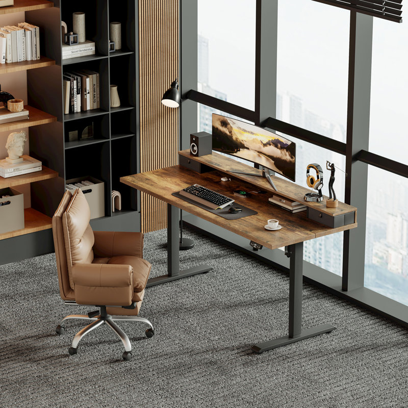 Electric Standing Desk With Drawers,Home Office Height Adjustable  Desk with Large Monitor Shelf, BlackRustic Brown