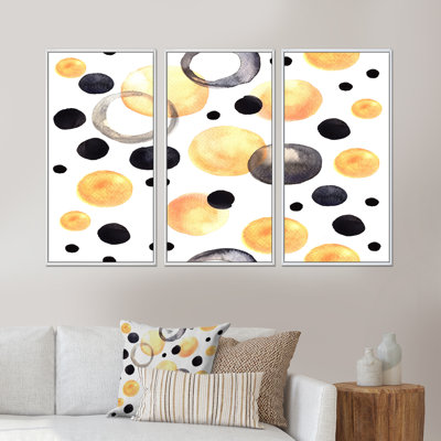 Cercles noirs et jaunes sur fond blanc - ensemble de 3 reproductions d'art encadrées sur toile