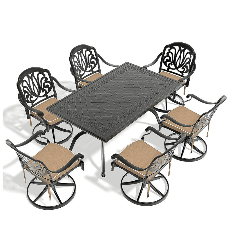 Ensemble de salle à manger 7 pièces en fonte d'aluminium toutes saisons, comprenant 6 chaises pivotantes et une table rectangulaire avec cadre noir (même sku: W1710S00457)