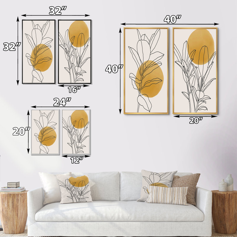 Branche botanique jaune avec feuilles I - ensemble de 2 peintures, H 32 po x l 32 po, Impression encadrée, Noir