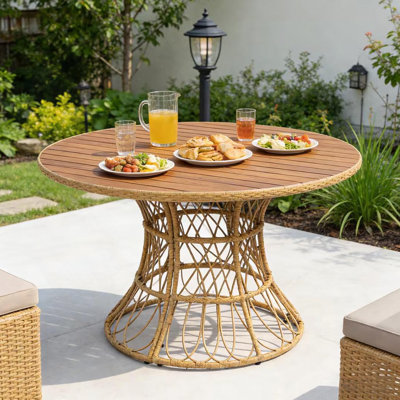Table de salle à manger d'extérieur durable - plateau rond en bois d'acacia et base en osier, table de patio brun pour 4 à 6, mobilier d'extérieur de jardin (compatible avec les chaises assorties)