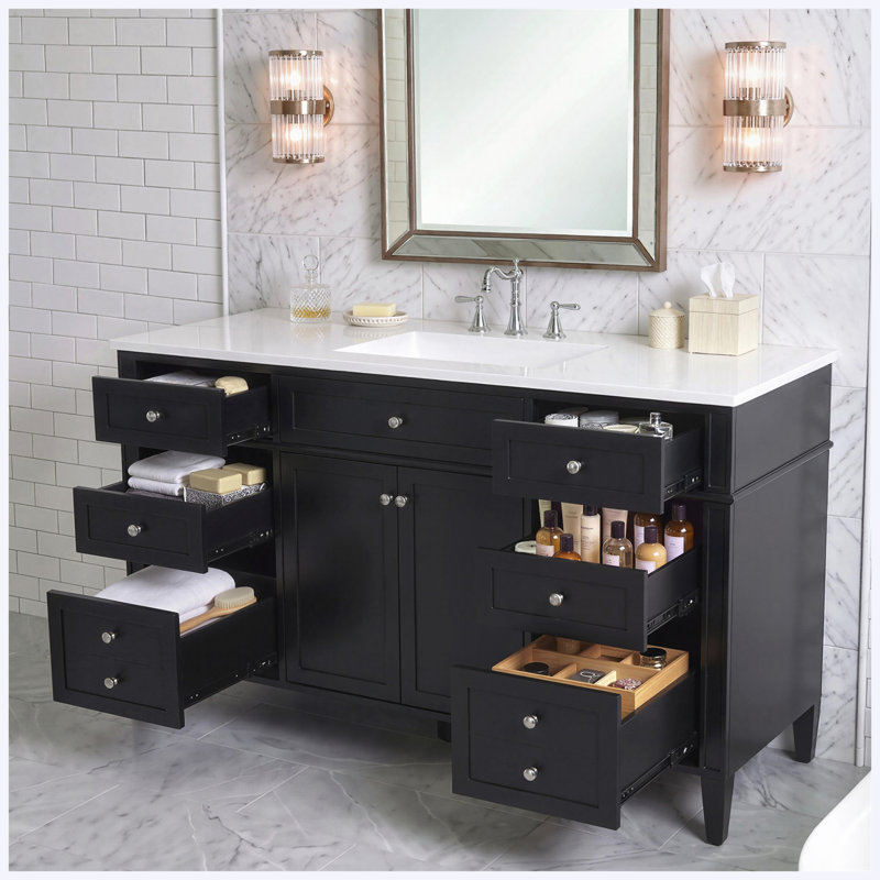 Meuble-lavabo autoportant 48 po avec comptoir en composite, 6 tiroirs et 2 portes, charnières à fermeture douce, poignées en métal argenté, noir, panneau de fibres à densité moyenne